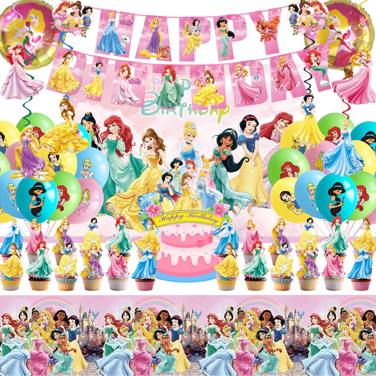 62PCS Disne Princess Party Supplies, Birthday Decorations Set Include Banner, Balloons, Backdrop, Cupcake Toppers, Tablecloth, Hanging Swirls for Kids