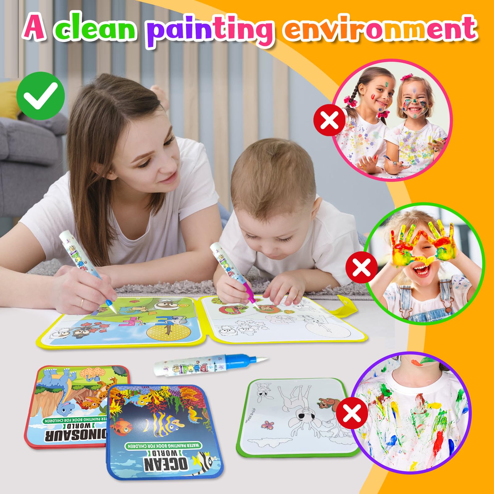 Water Painting Books for Toddlers, 4 Pack Reusable Magic Water Coloring Book with Water Pen Fairy Tale for Ages 3+, Water Doodle Book Travel Toys