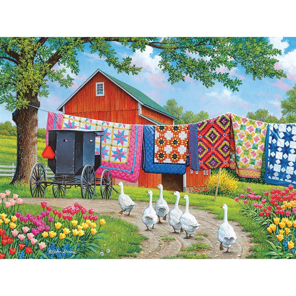 Bits and Pieces - 500 Piece Jigsaw Puzzle for Adults - Plain and Fancy - Geese Farm Quilt Laundry Car Jigsaw Puzzle by Artist John Sloane, Completed