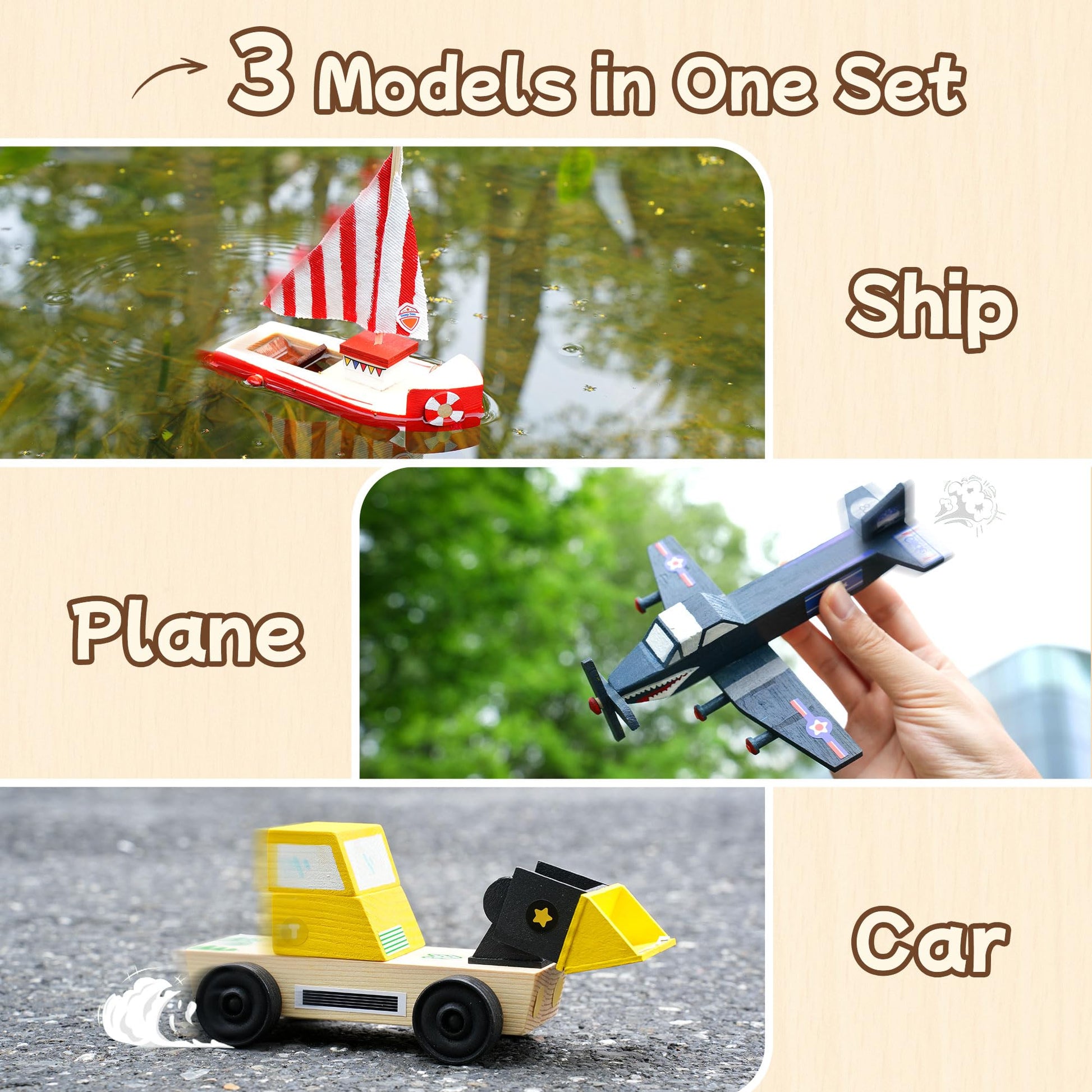Wooden Build Paint Art Crafts Kit 3 Pack, Make Your Own Car Boat & Plane DIY Craft Toys for Kids Boys, STEM Educational Toy Set for Kids Ages 4-8