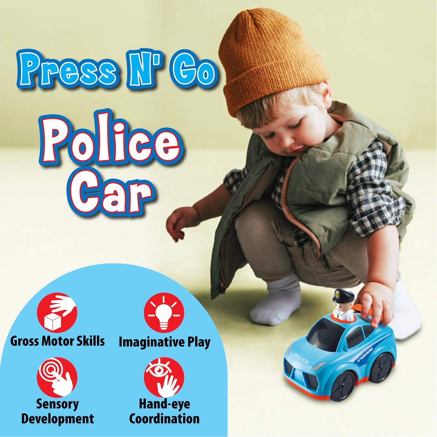 Small World Toys Police Car Toy, Interactive Press-to-Go Police Cars for Toddlers 1-3, Pretend Play Rescue Vehicle, Polices Toy Gifts for Boys, Cop