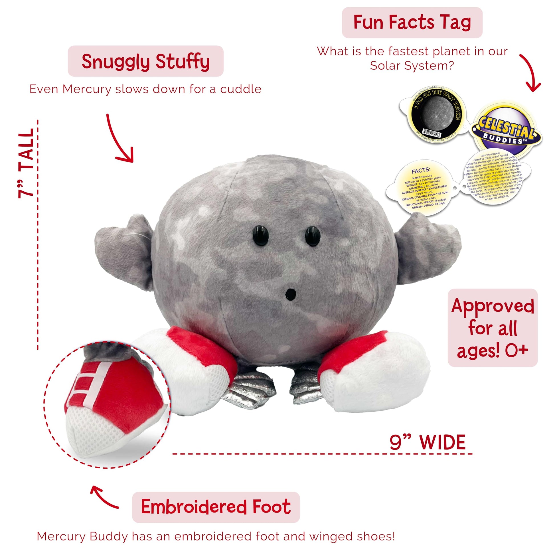Celestial Buddies Mercury Buddy | 9" Soft Stuffed Plush, Embroidered Features, Fun Planet Facts Tag for Kids - STEM Learning, Educational Gift