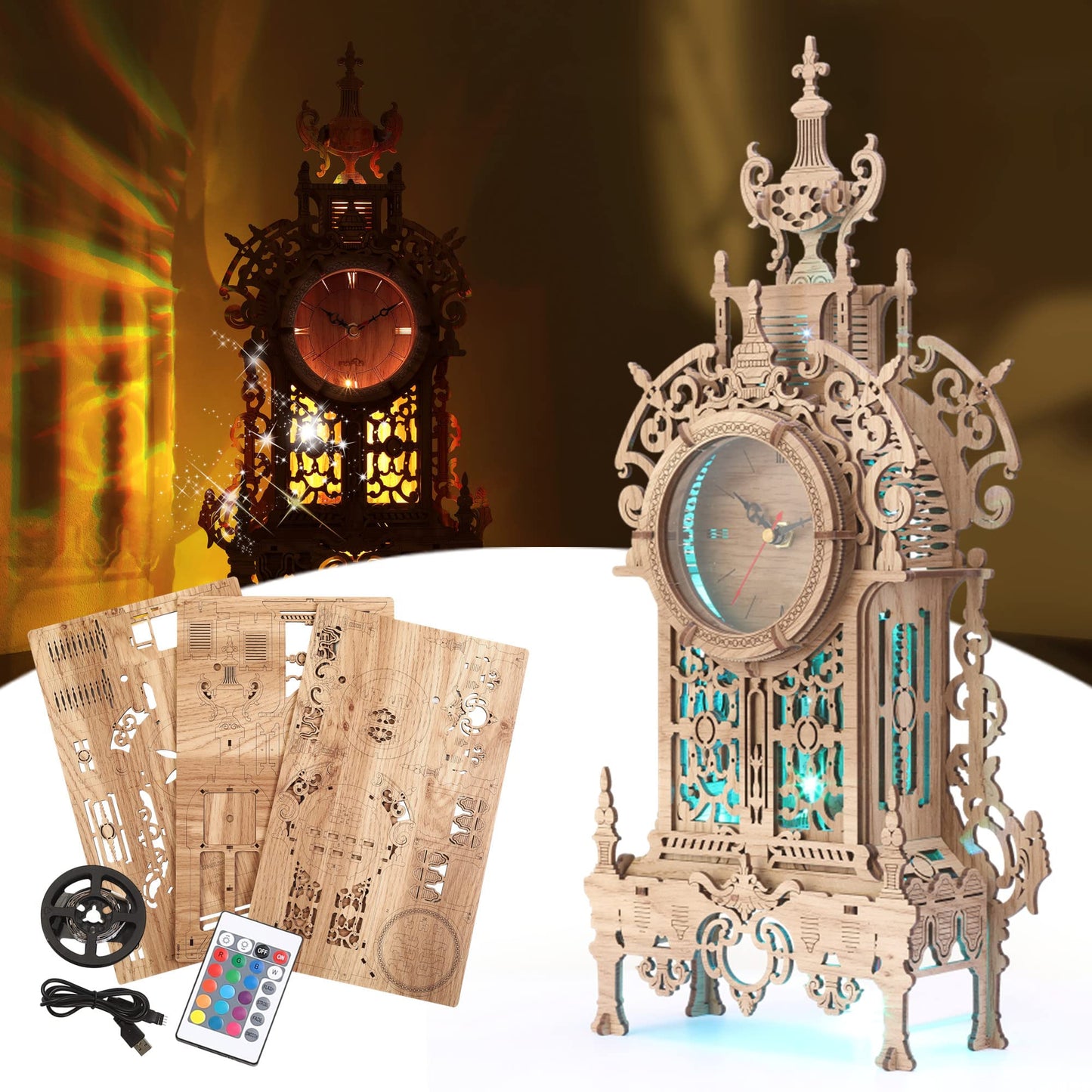 FUNPOLA 3D Wood Puzzle LED Tower Clock, 3D Puzzle Building Desktop Clock Model DIY Architectural Building Blocks (LED-TC01 Wood)