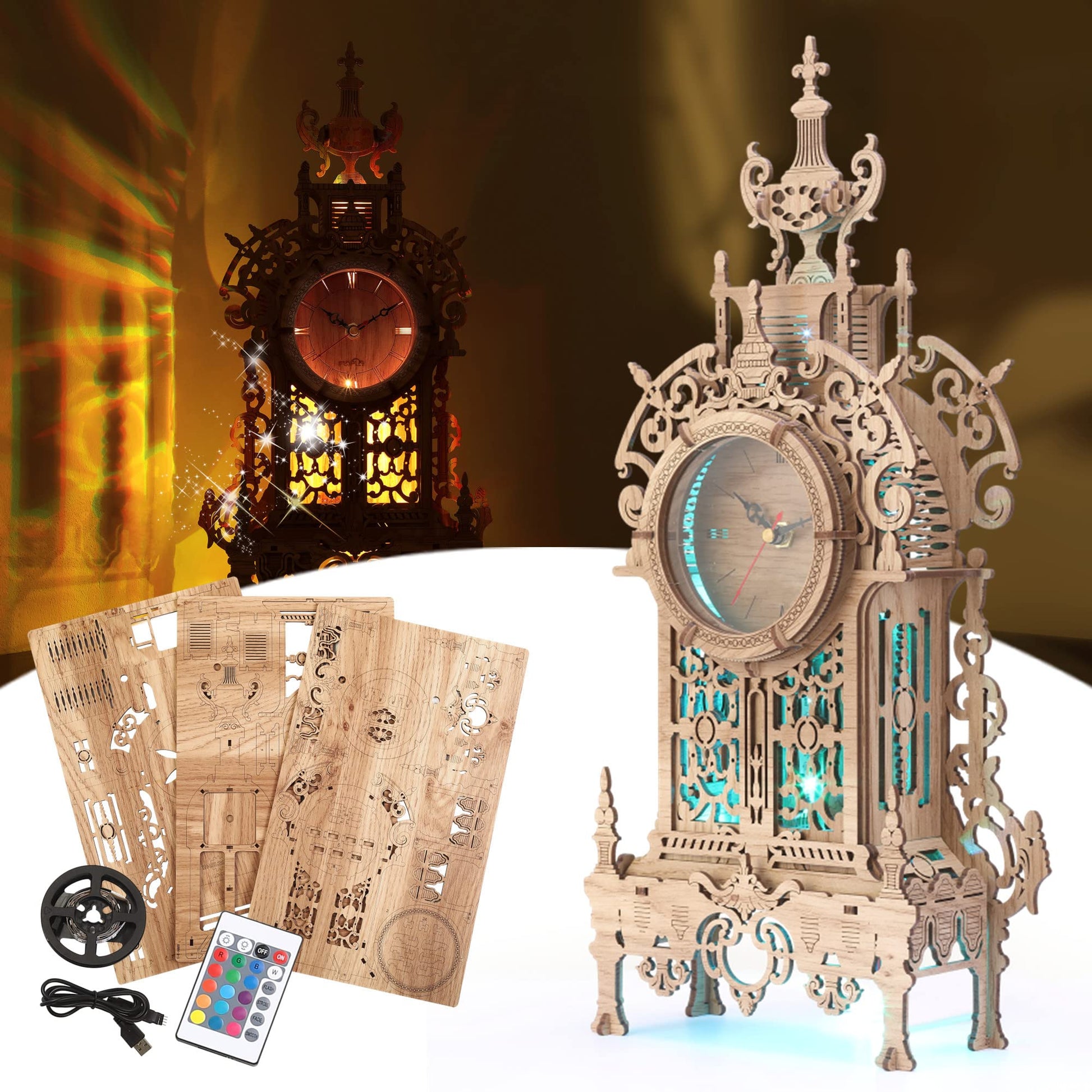 FUNPOLA 3D Wood Puzzle LED Tower Clock, 3D Puzzle Building Desktop Clock Model DIY Architectural Building Blocks (LED-TC01 Wood)