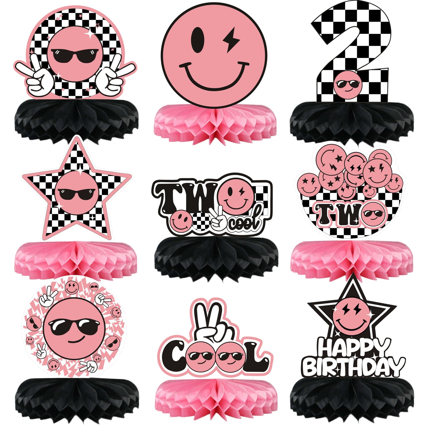 Two Cool Honeycomb Centerpiece Pink and Black Two Cool Dude Second Birthday Table Toppers for Two Year Old Happy Dude Photo Prop Yellow Black