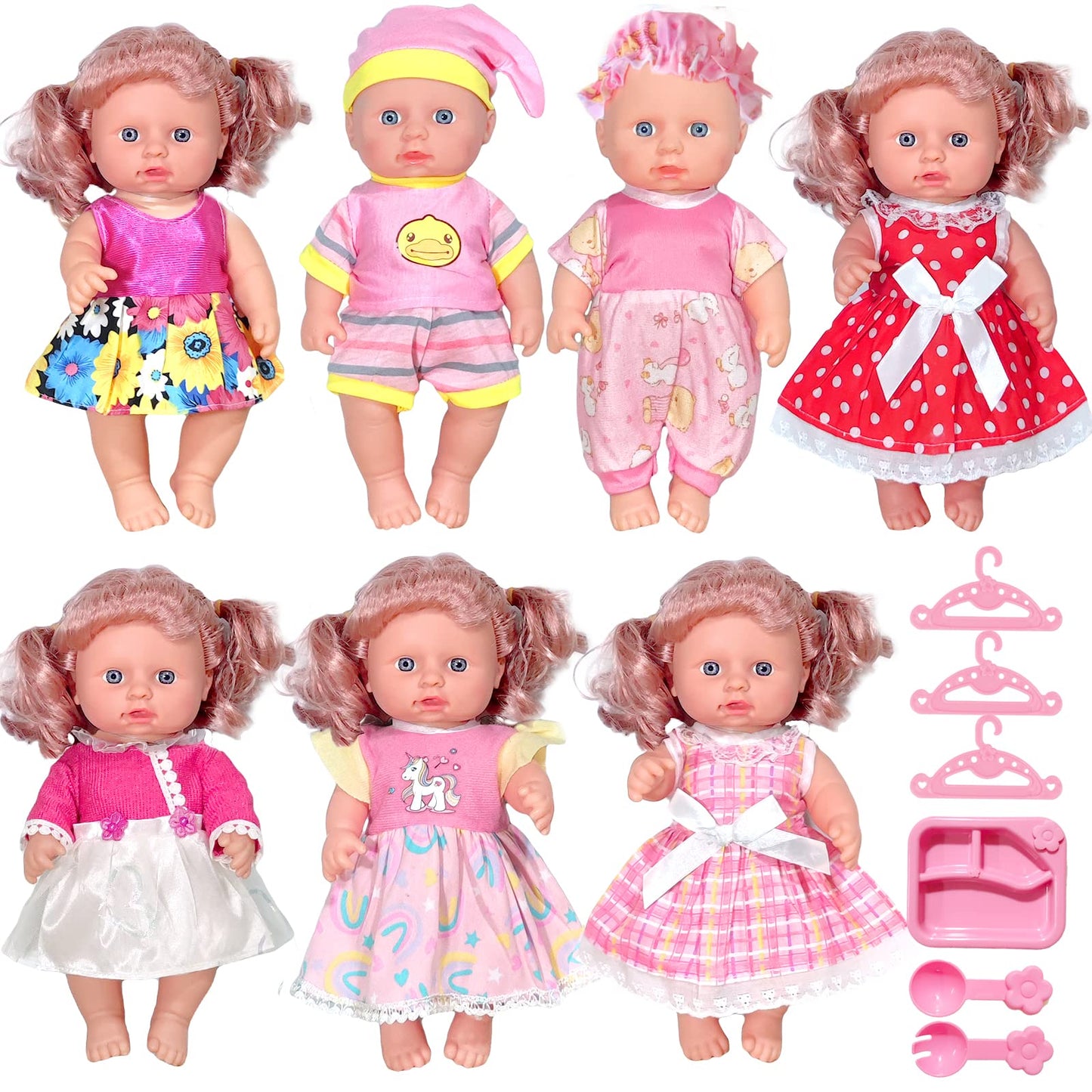 ARTST Doll-Clothes-Accessories 7 Set Baby-Doll-Clothes Suitable for 8-10-Inch-Dolls Included Tablewar and Hangers