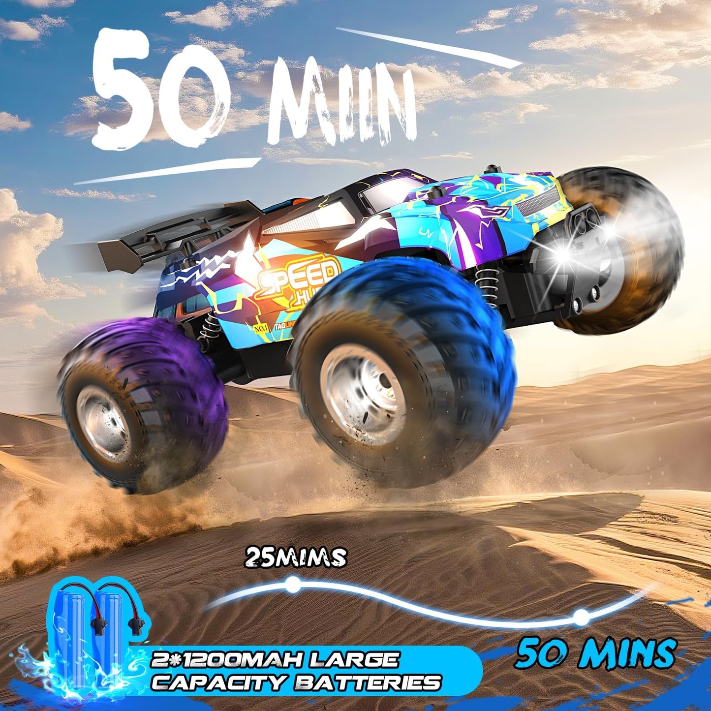 All Terrain Remote Control Car for Boy with LED Lights 2 Batteries 20 KM/H