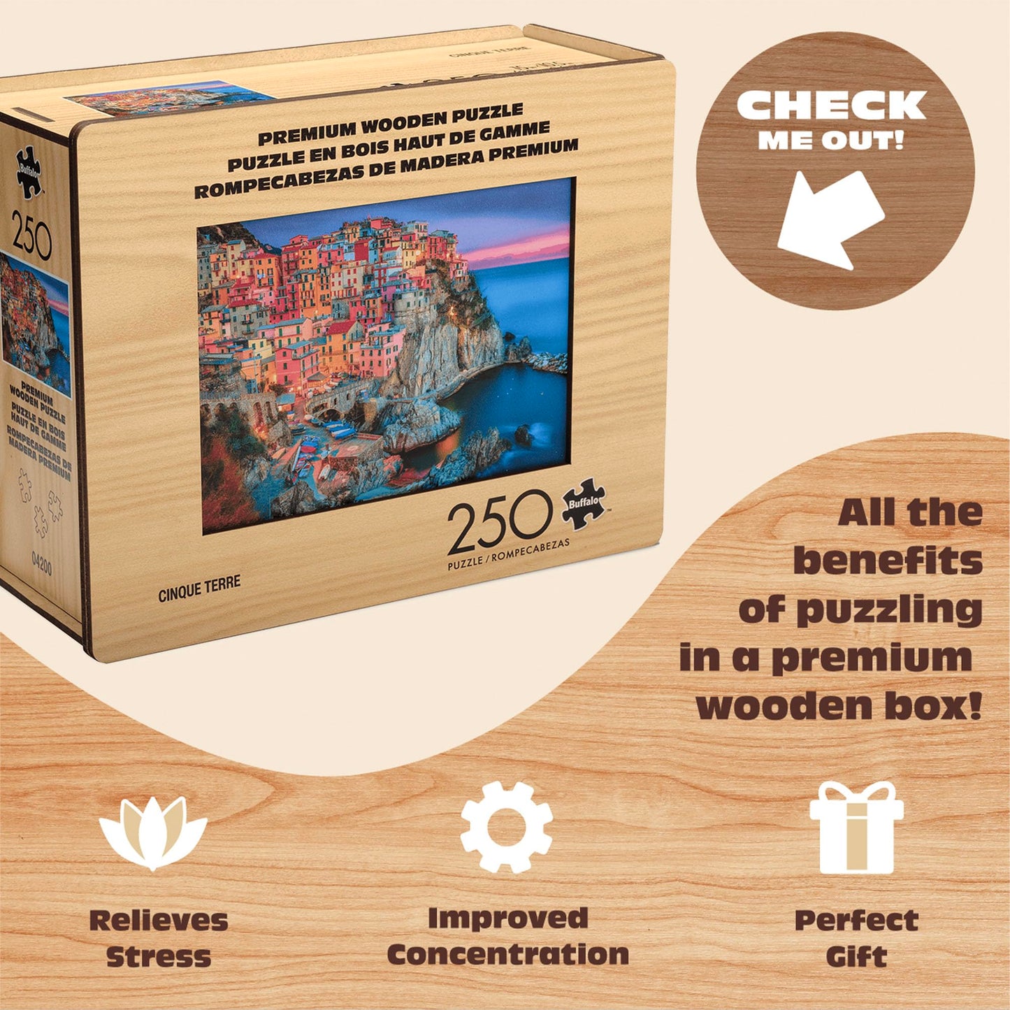 Buffalo Games - 250 Piece Wooden Jigsaw Puzzle - Cinque Terre - Standard Cut Pieces - Wooden Box - Full Size Poster, Ages 14