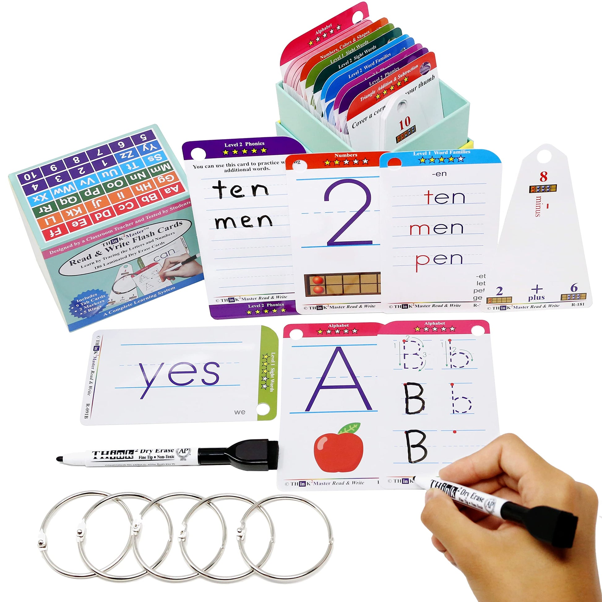 THINK2MASTER Premium 186 Laminated Alphabet, Sight Words & Phonics Flash Cards for Pre K & Kindergarten. (Bonus: 2 Dry Erase Markers, 5 Rings). Learn