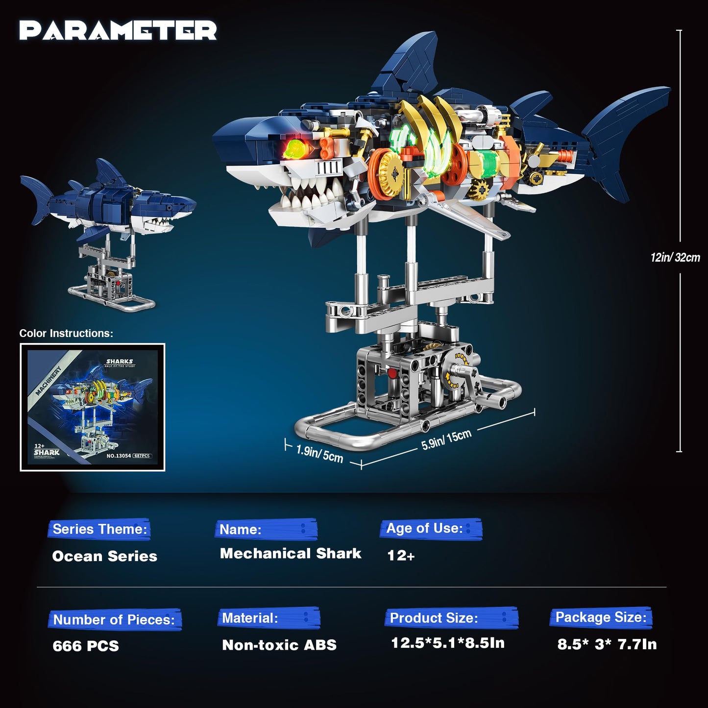 Jorumo Shark Building Block Set for Boy 8-12, Ideas Sea Animal Building Blocks Toys with Lighting and Rotatable Link Components, STEM Toys for Kids
