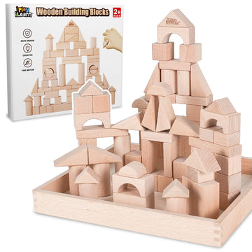 iPlay, iLearn Kid Wooden Building Block Set, Toddler Natural Wood Block Montessori Learning Toy, Large Hardwood Stacking Brick Castle Unit, Preschool