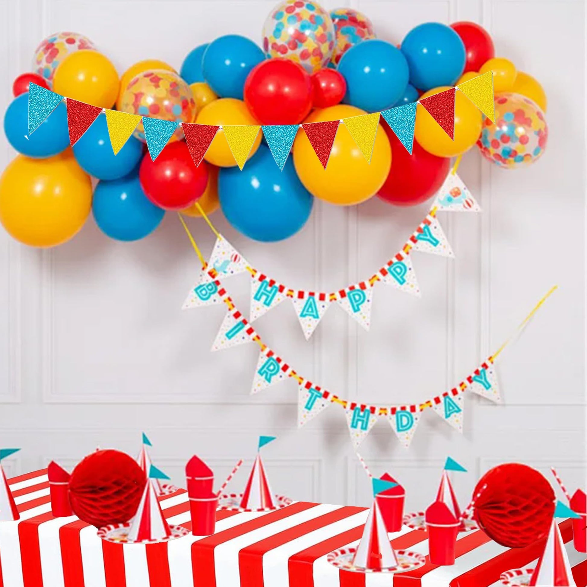 Circus Carnival Party Decorations Happy Birthday Banner Carnival Theme Balloons Circus Themed Tablecloth for Carnival Circus Birthday Party Supplies