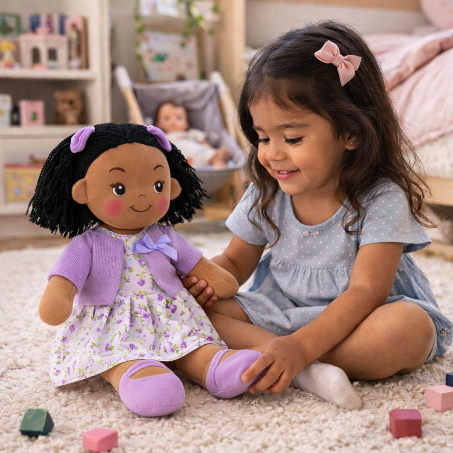 Linzy Toys 16 Inch Purple Hailey Soft Plush Rag Doll for Girls - Adorable Stuffed Sleeping Cuddle Buddy for Toddlers, Infants, Babies - Cute Hug Doll
