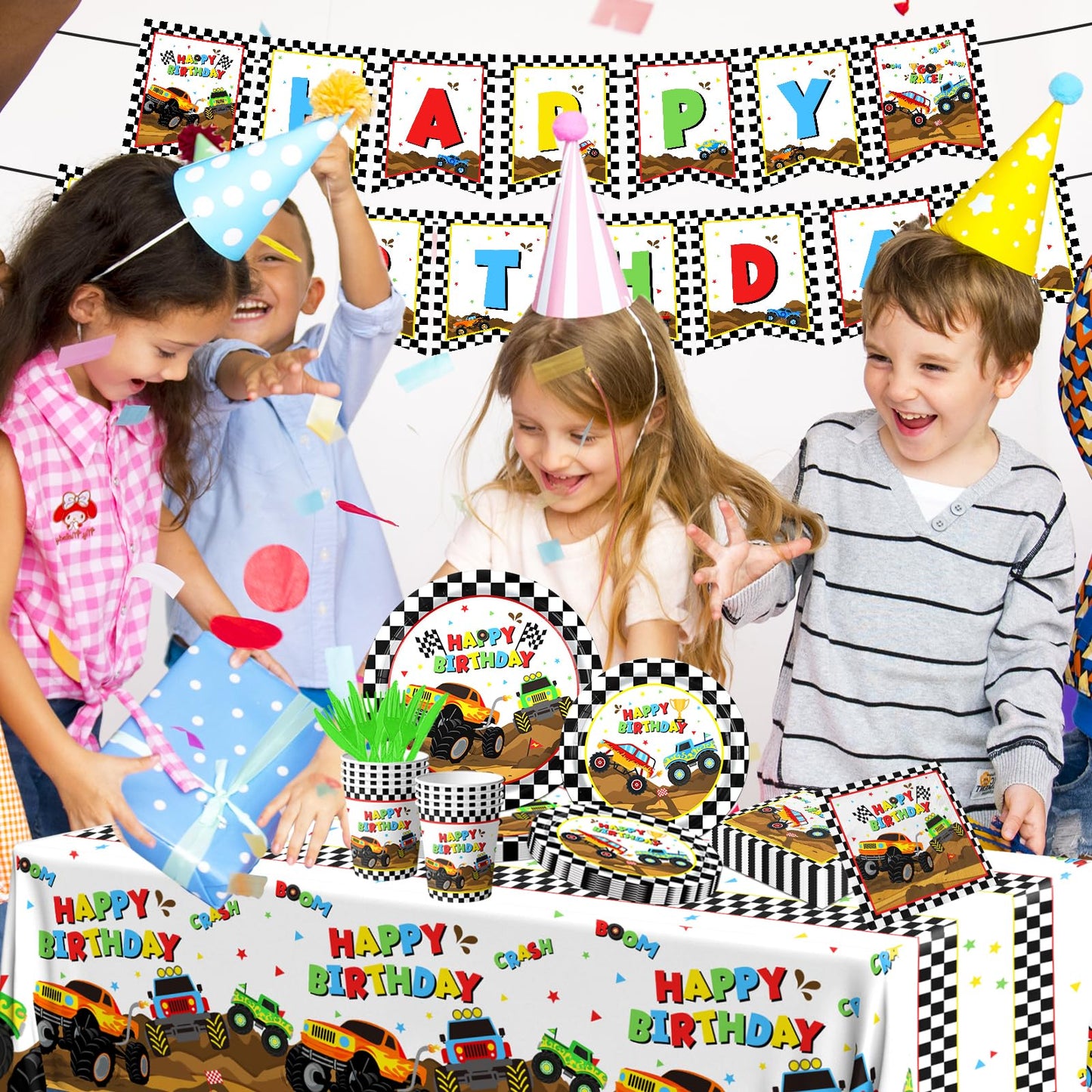 Dydamud Monster Truck Party Supplies,Monster Machine Happy Birthday Checkered Tableware Sets Include Monster Trucks Theme Party Paper Plate Napkins