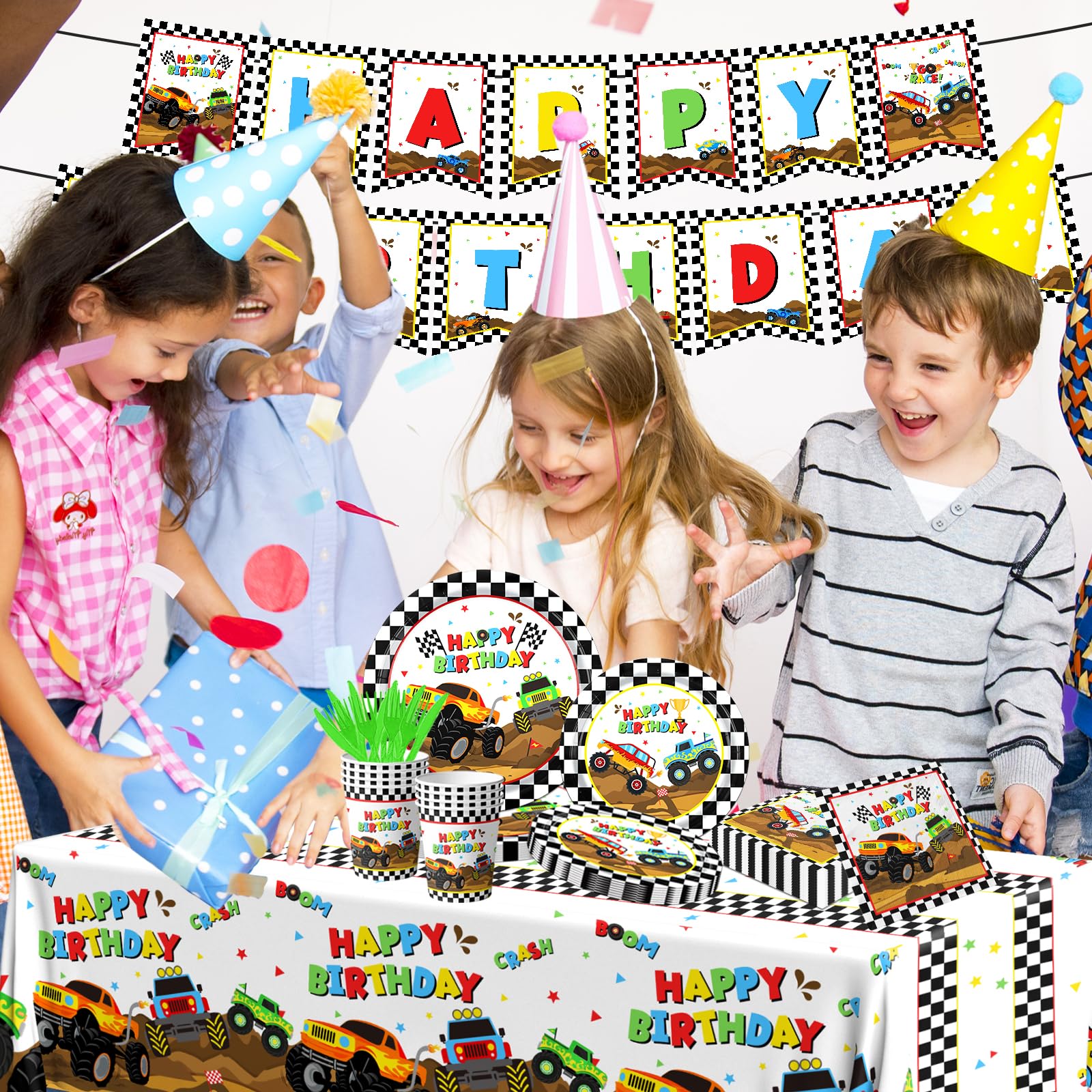 Dydamud Monster Truck Party Supplies,Monster Machine Happy Birthday Checkered Tableware Sets Include Monster Trucks Theme Party Paper Plate Napkins