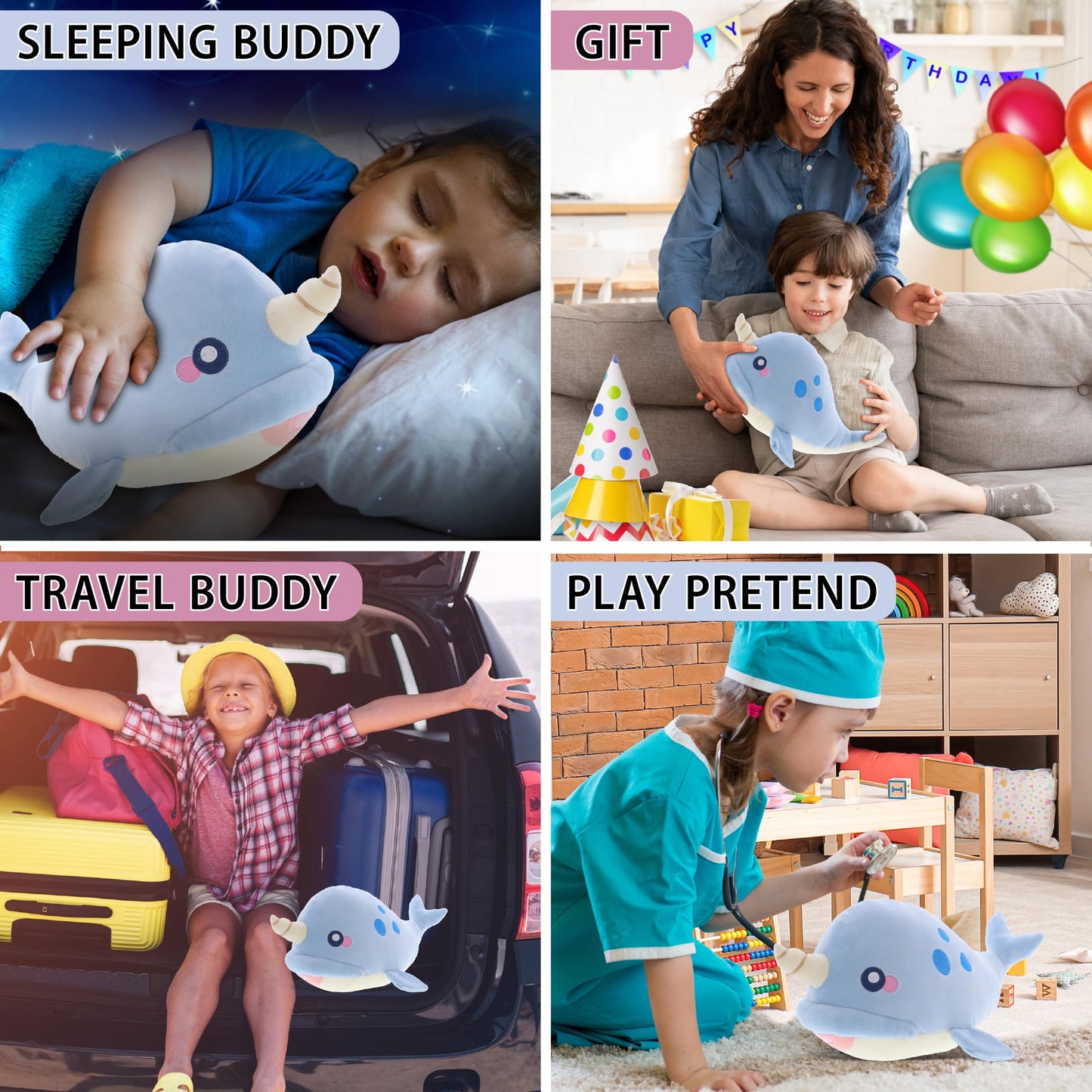 DolliBu Blue Narwhal Baby Soft Plush Toy, Newborn Babies First Stuffed Animal Cuddle & Snuggle Toys, Toddler's Huggable Best Buddy, Fluffy Teddy Bear