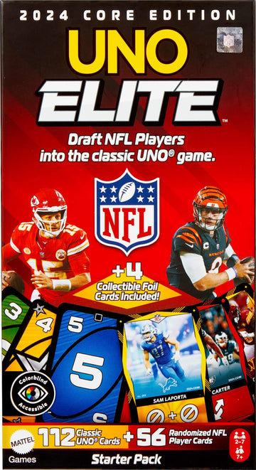 Mattel Games UNO Elite NFL Card Game, 2024 Officially Licensed Core Edition with 4 Collectible Foil Cards Featuring Team Players
