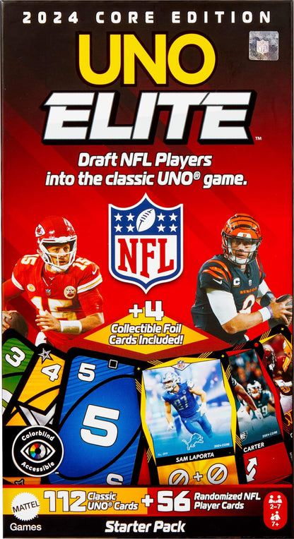 Mattel Games UNO Elite NFL Card Game, 2024 Officially Licensed Core Edition with 4 Collectible Foil Cards Featuring Team Players