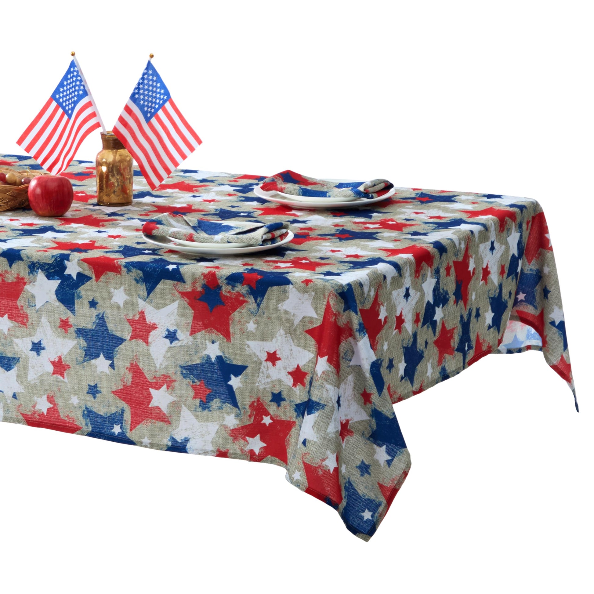 Newbridge Burlap Stars Patriotic 52 x 70 Inch Rectangle Fabric Tablecloth