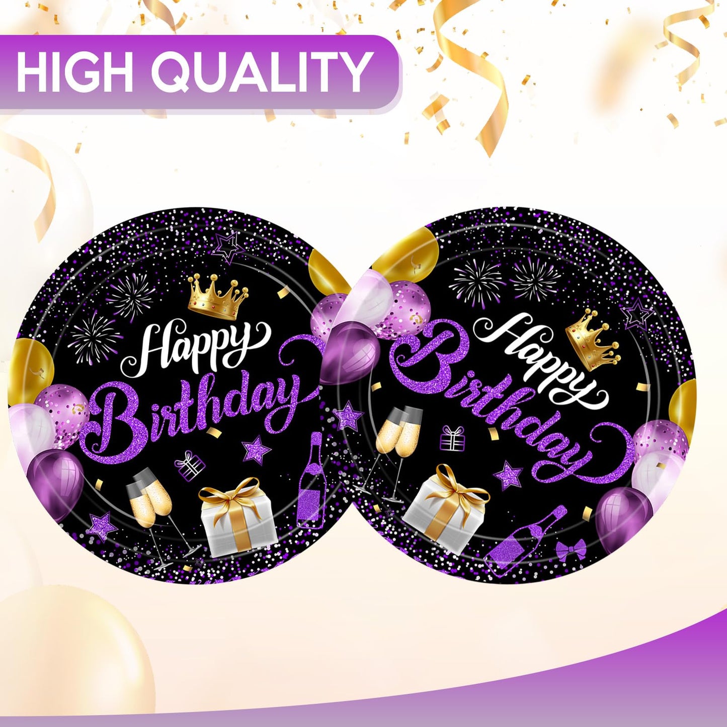 VVBray 20Pcs Birthday Plates Purple Birthday Decorations 9Inch Disposable Paper Plates Purple Party Tableware Dessert Plate Set,for Happy Birthday