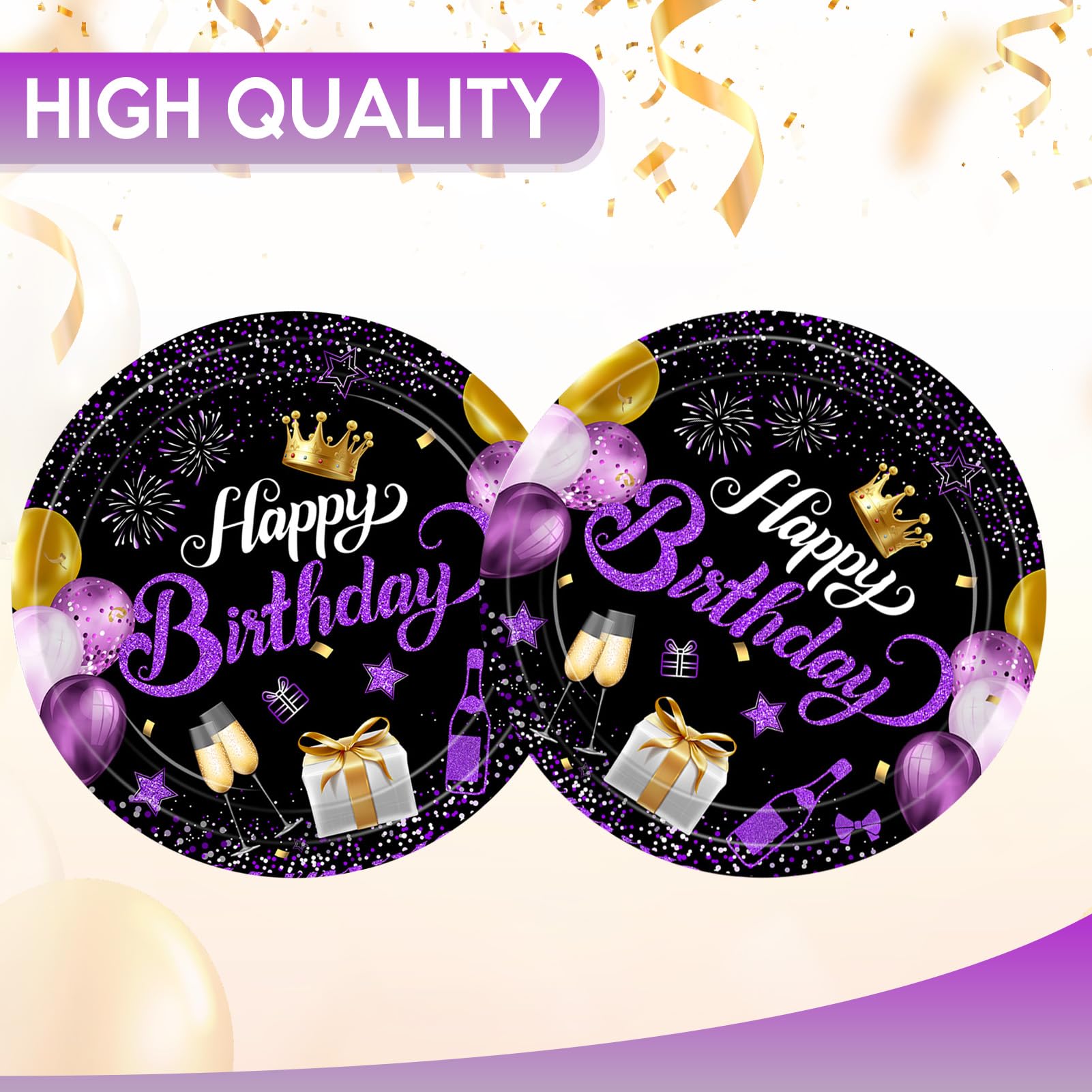 VVBray 20Pcs Birthday Plates Purple Birthday Decorations 9Inch Disposable Paper Plates Purple Party Tableware Dessert Plate Set,for Happy Birthday