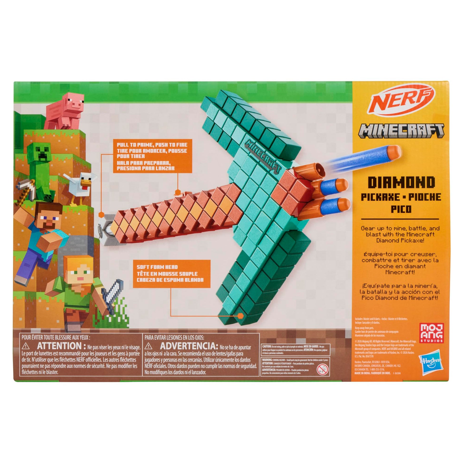 Nerf Minecraft Diamond Pickaxe Dart Blaster, Pull Back Priming, Foam Head, 8 Nerf Elite Darts, Ages 8+