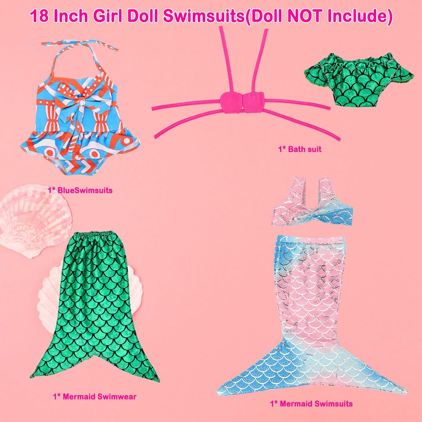 Barwa 18 Inch Doll Clothes Accessories 3 Sets Princess Mermaid Tail Outfits Dress Swimsuit Bikini Tops Underwear Swimwear for 18 Inch Dolls