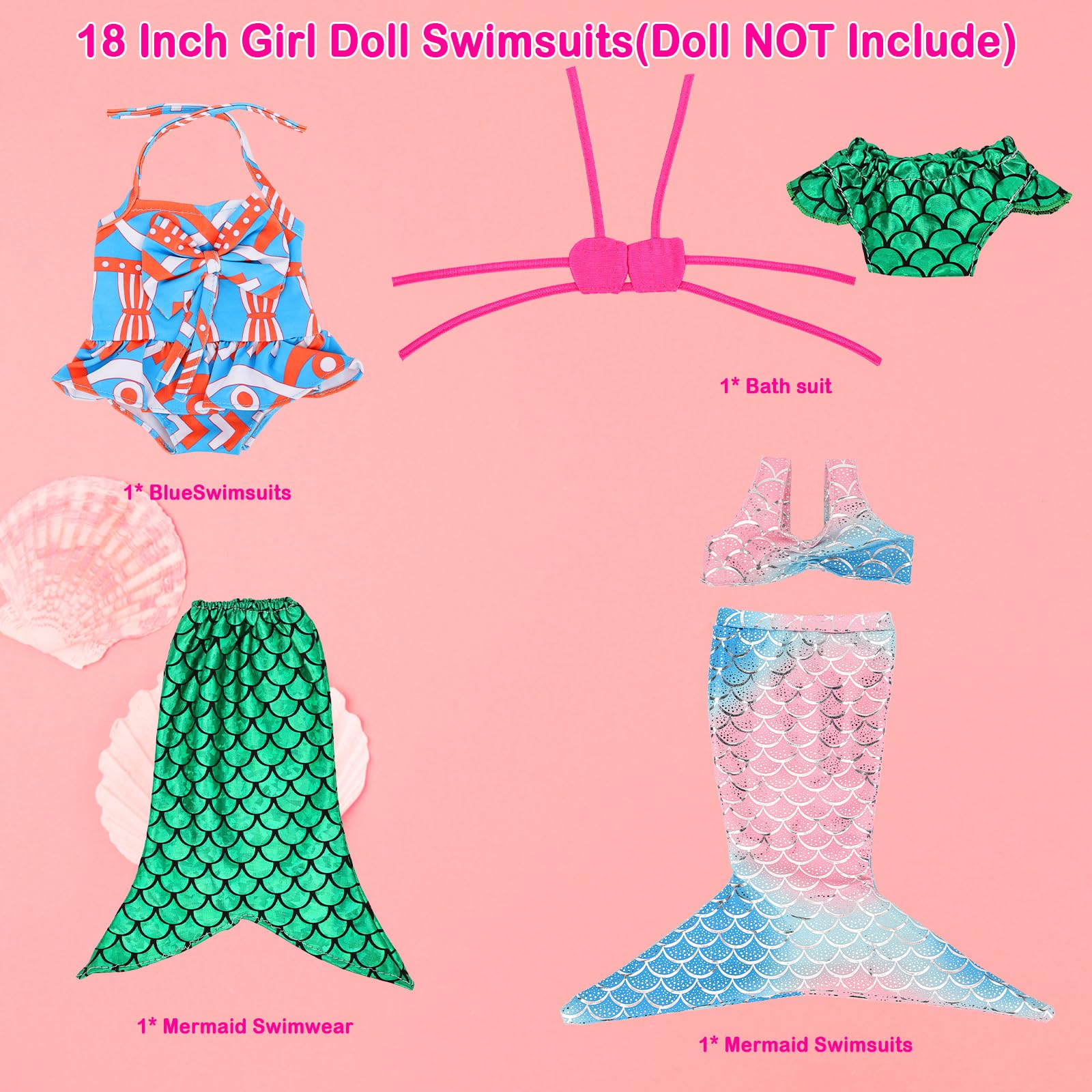 Barwa 18 Inch Doll Clothes Accessories 3 Sets Princess Mermaid Tail Outfits Dress Swimsuit Bikini Tops Underwear Swimwear for 18 Inch Dolls