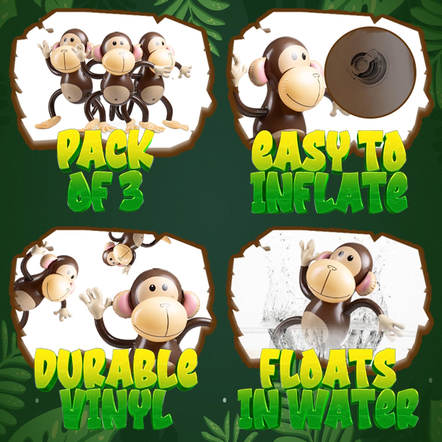 Large Inflatable Monkey (Pack of 3) 27-Inch Monkeys for Baby Shower, Safari, Jungle Themed Birthdays, Blow Up Animal Party Favors and Decorations