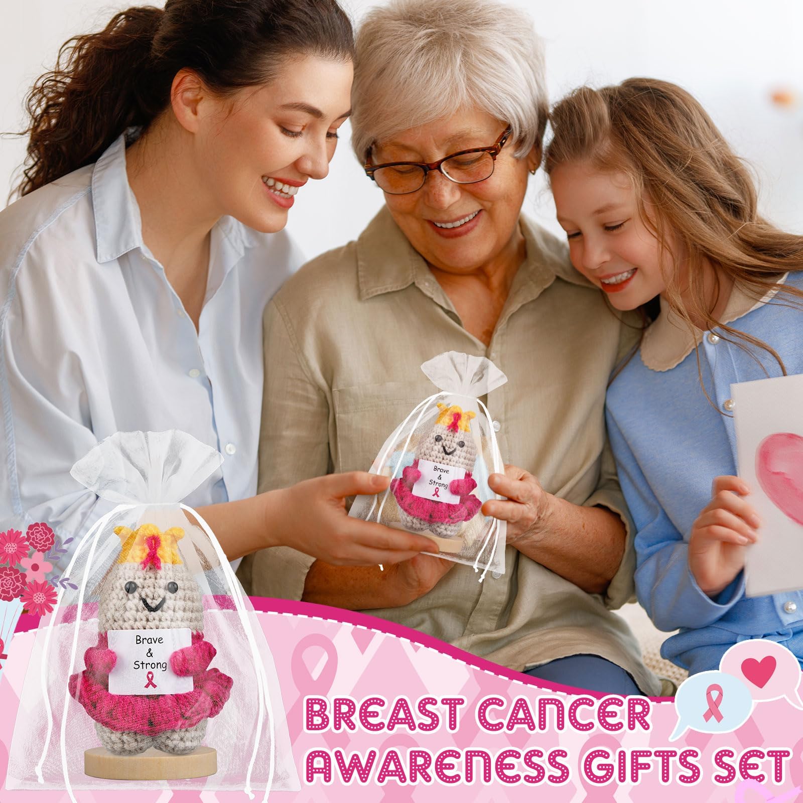 Gosodeny Breast Cancer Awareness Pink Ribbon Knitted Dolls Set Breast Cancer Gift for Women Cancer Warrior Fighter Charity Party Favors Emotional