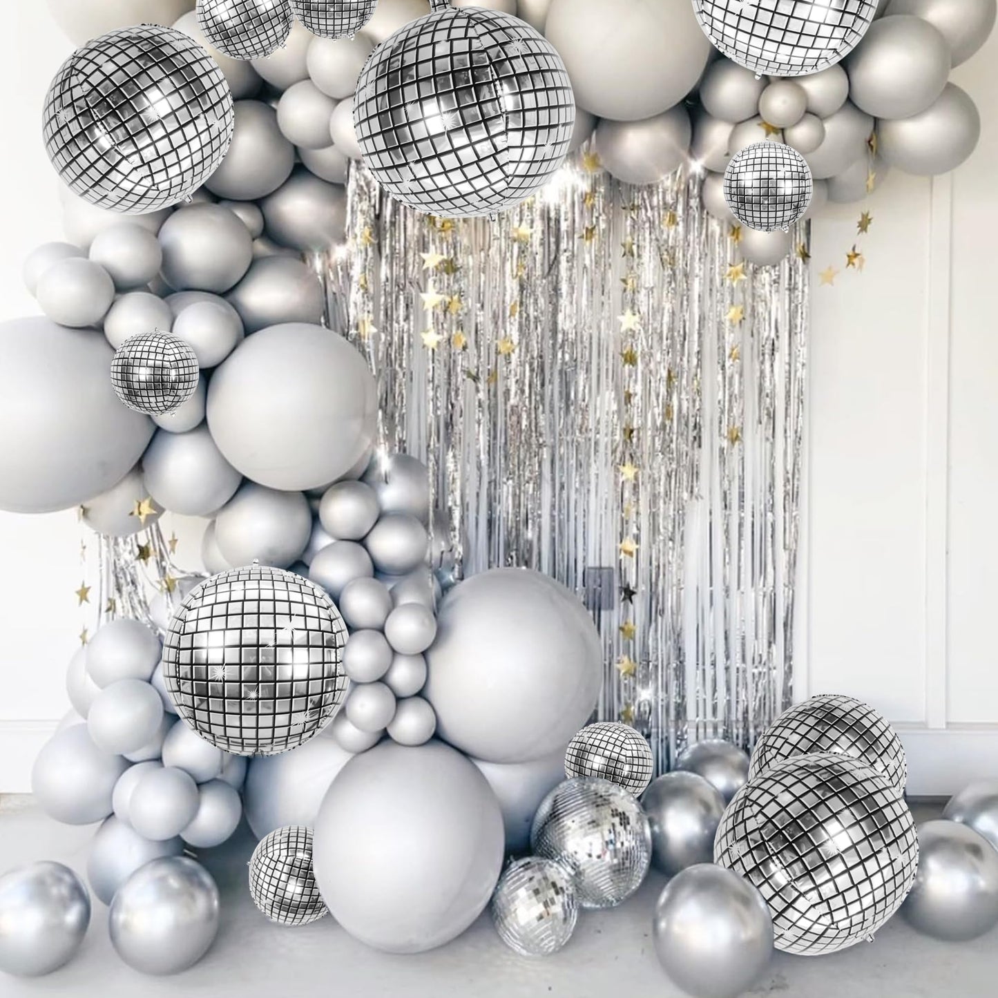 24 PCS Disco Ball Balloons Different Sizes- 4D Large Disco Balloons 10 Inch 15 Inch 18 Inch 22 Inch Assorted Round Metallic Silver Disco Balloons