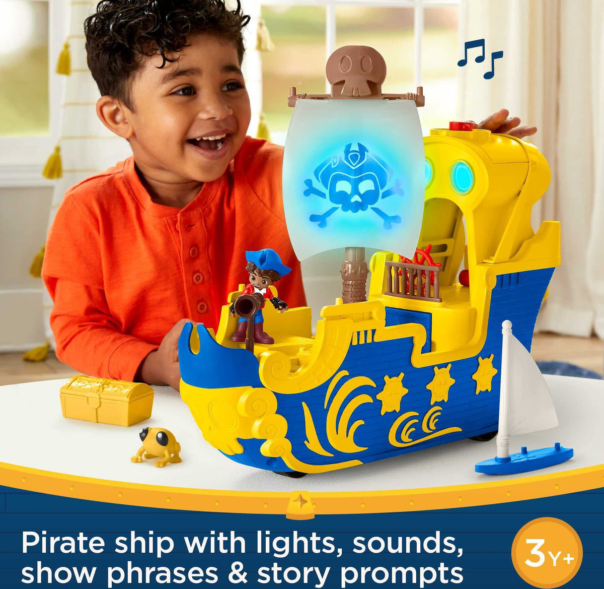 Fisher-Price Santiago of The Seas Pirate Ship El Bravo Playset with Lights Sounds & Phrases, Pirate Santiago & Kiko Figures, 6 Play Pieces