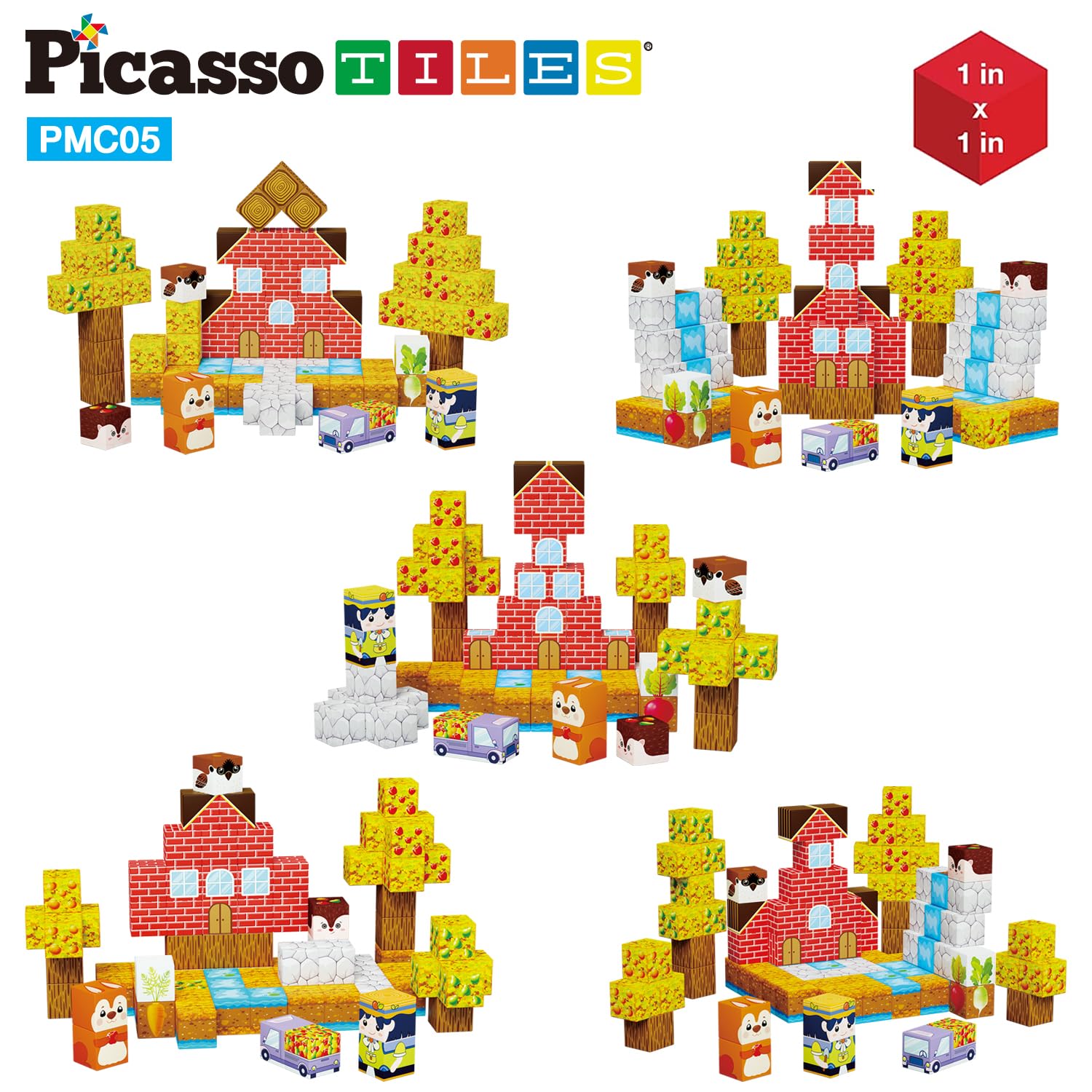 Picasso Cubes 1” Fall Autumn Harvest Theme Magnetic Blocks Build Cubes 90 Piece Magnet Tile Construction Building Block Set Sensory Toy Early