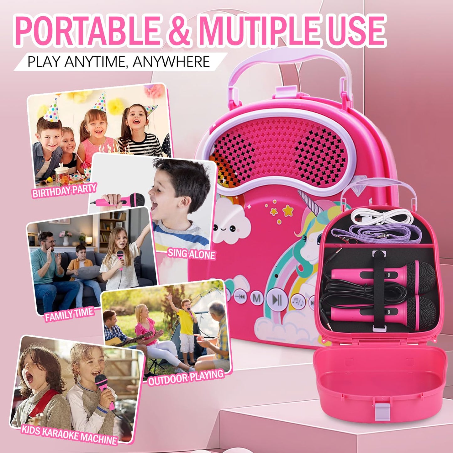 Kids Karaoke Machine with 2 Microphones Bluetooth Toddler Karaoke Speaker for Girls Boys Children Singing Machine Include Voice Changer Gift for