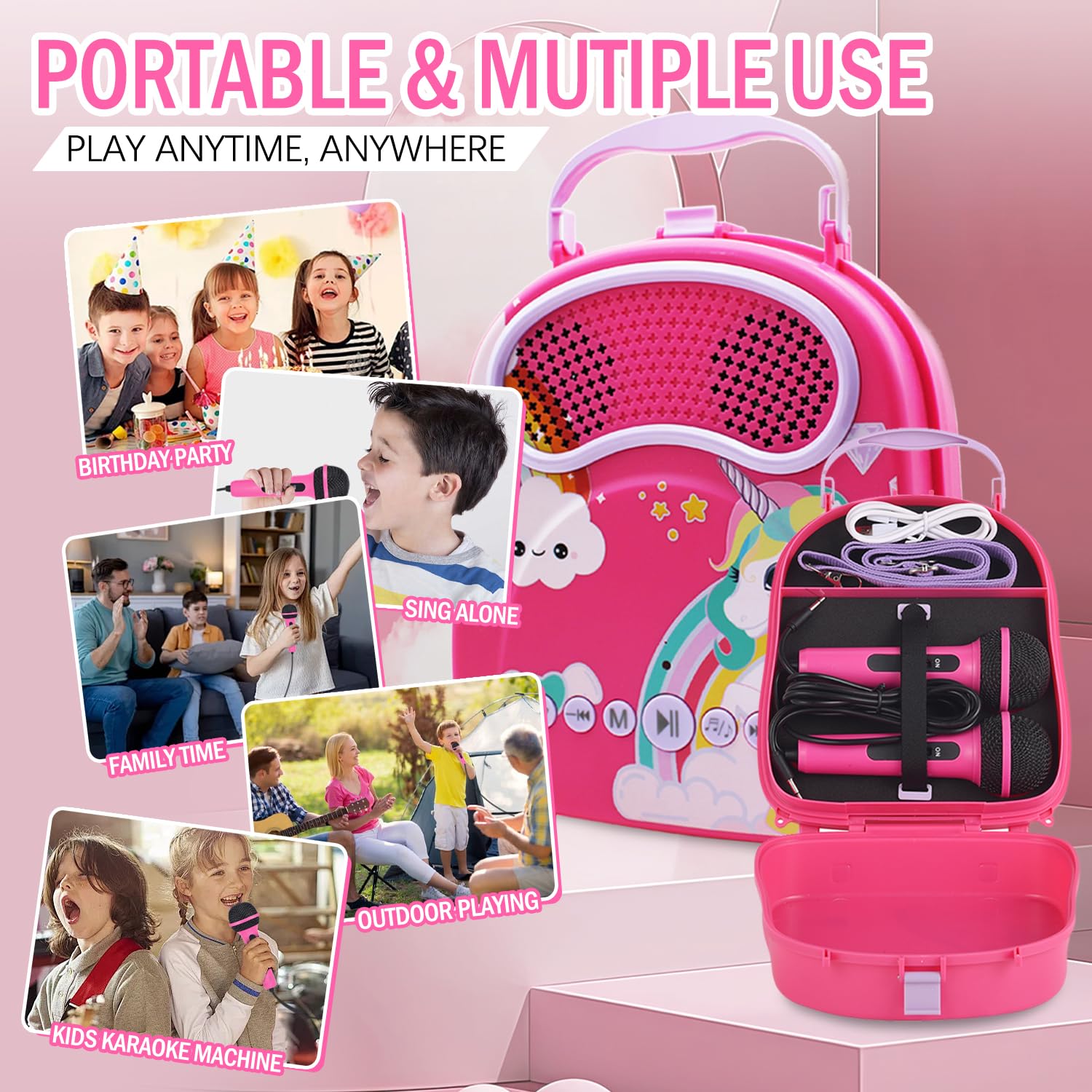 Kids Karaoke Machine with 2 Microphones Bluetooth Toddler Karaoke Speaker for Girls Boys Children Singing Machine Include Voice Changer Gift for