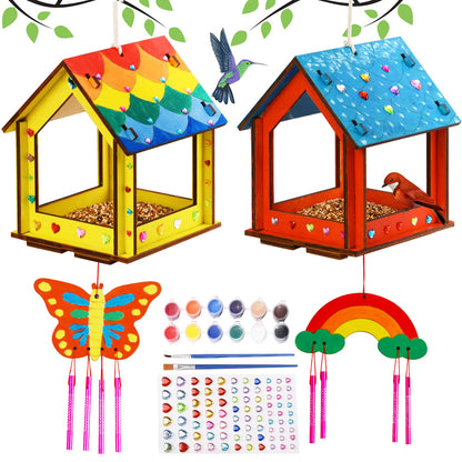 Kids Arts and Crafts for Outdoor,2 Pack Bird Feeder Wind Chime Kits for Children to Build and Paint, DIY Unfinished Wood STEM Painting Activities