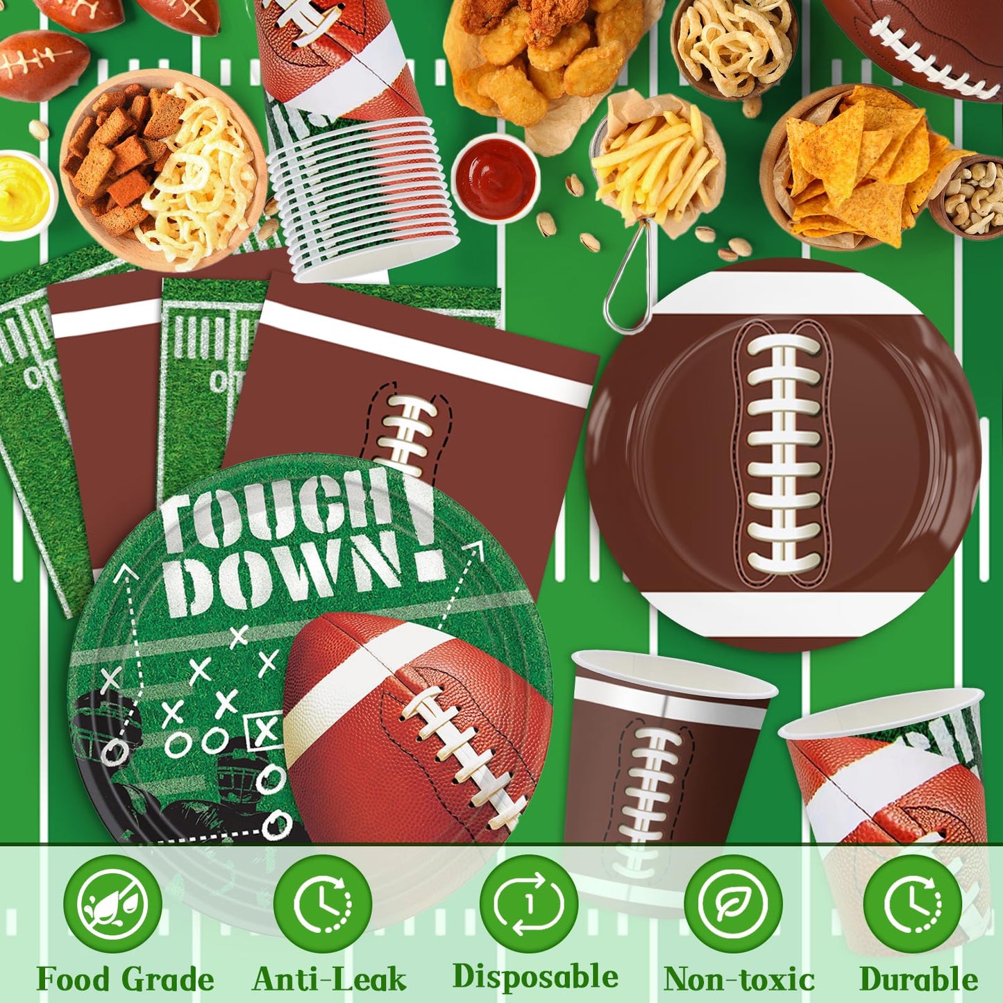 140PCS Football Party Supplies Tableware Set Serve 24, Football Birthday Party Decorations Includes Plates Napkins Cups Banner Balloons Cake