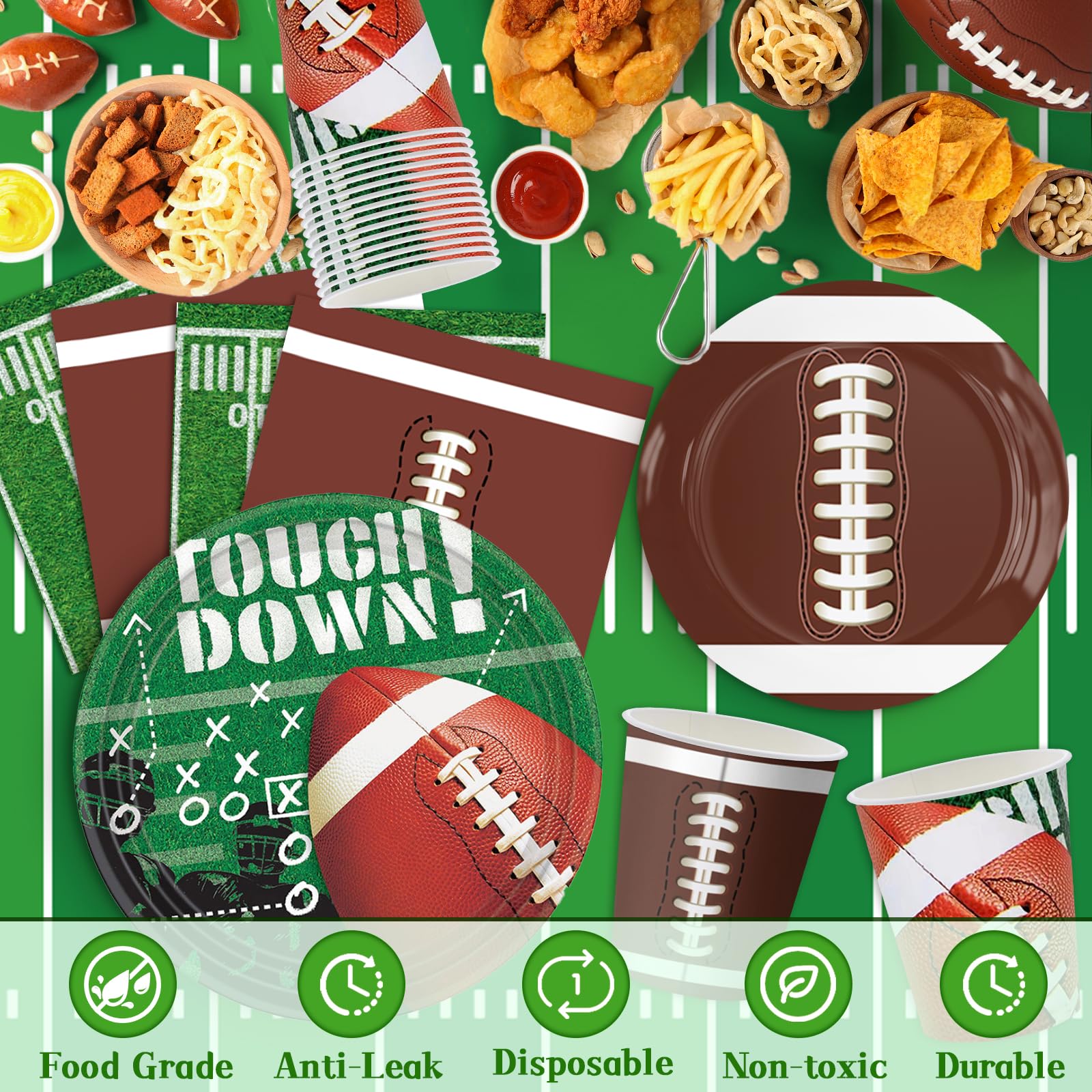 140PCS Football Party Supplies Tableware Set Serve 24, Football Birthday Party Decorations Includes Plates Napkins Cups Banner Balloons Cake
