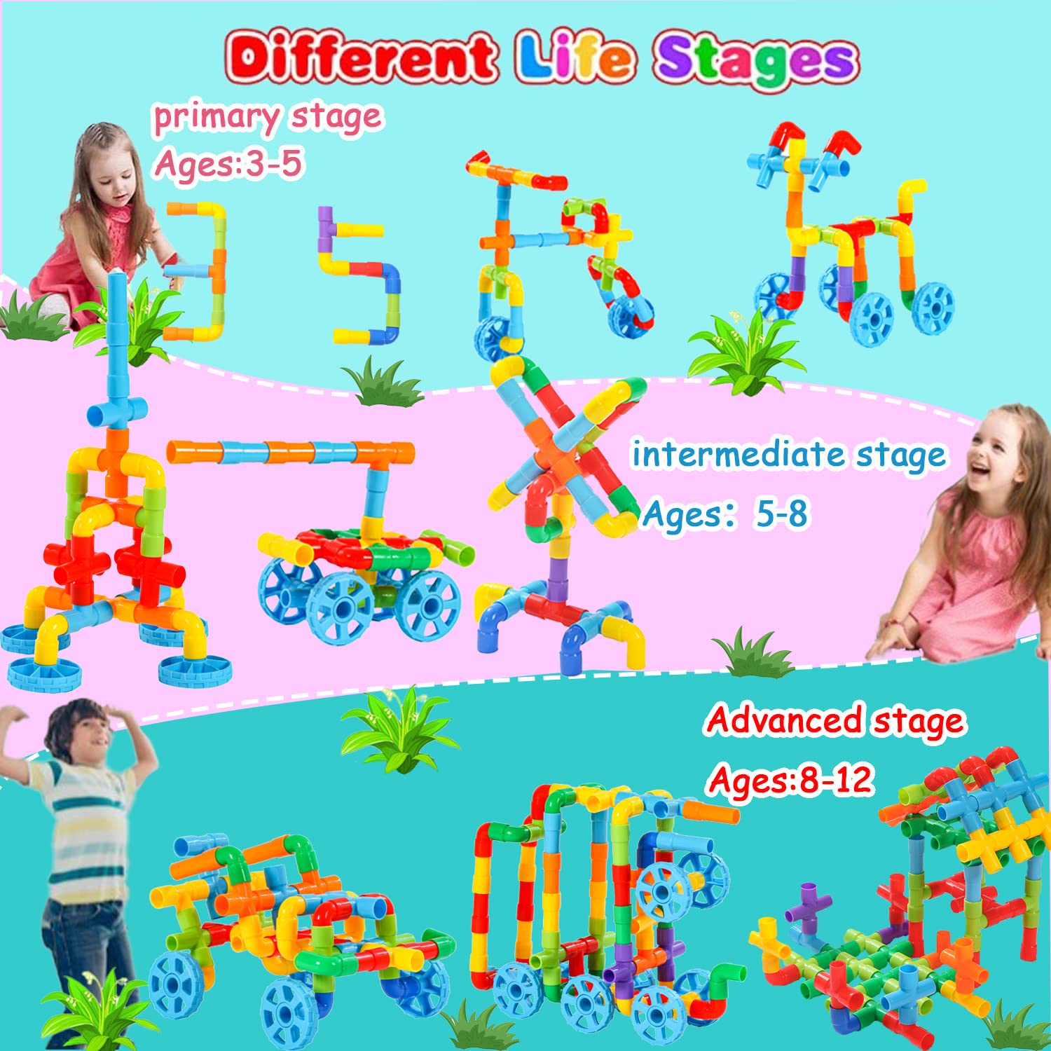 KUTOI Pipe Building Toys, Early Learning Educational Tubular Pipes, Kids Building Blocks, STEM Toys for 3 Year Old + Boys and Girls, 72 Pcs Stim Toy