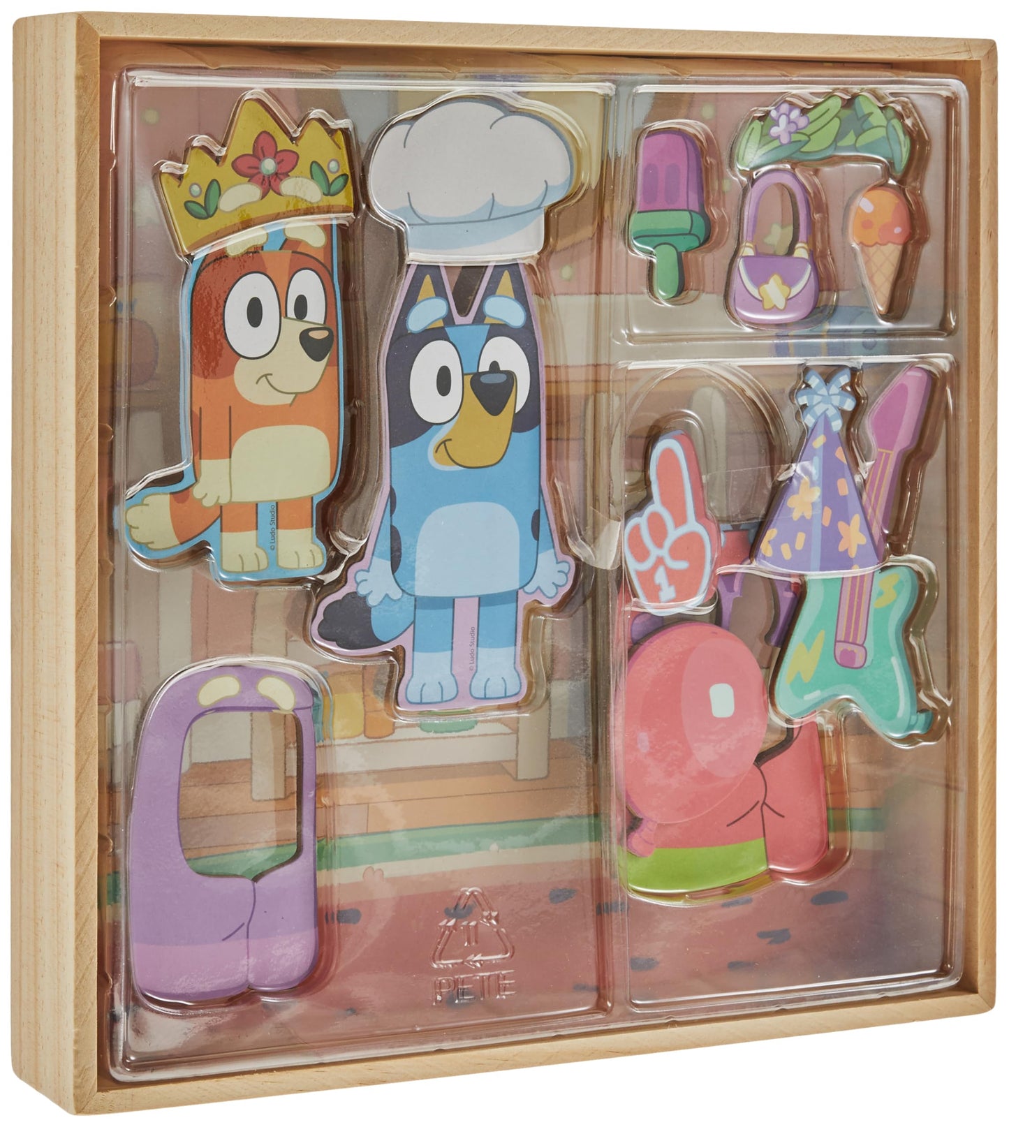 Horizon Group USA Bluey Magnetic Wooden Playhouse, 18 Piece Activity Set, Includes 2 Wooden Dolls House, Great Toys for Kids, Fun Birthday Party