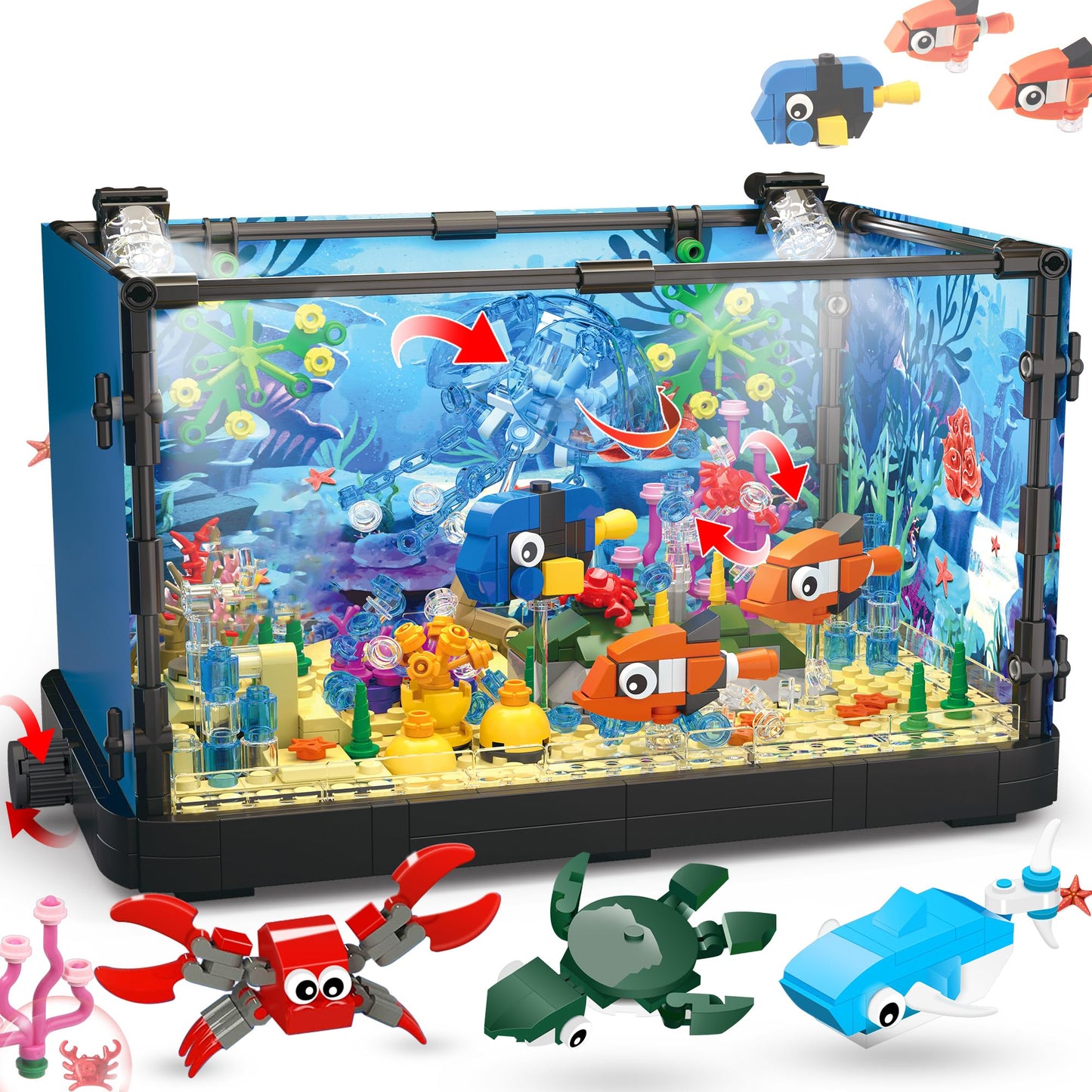 Jorumo Fish Tank Building Block, Lighting Aquarium Building Sets for Adults and Kids Including Ocean Jellyfish, Dolphin, Turtle, Crab, Animal Building