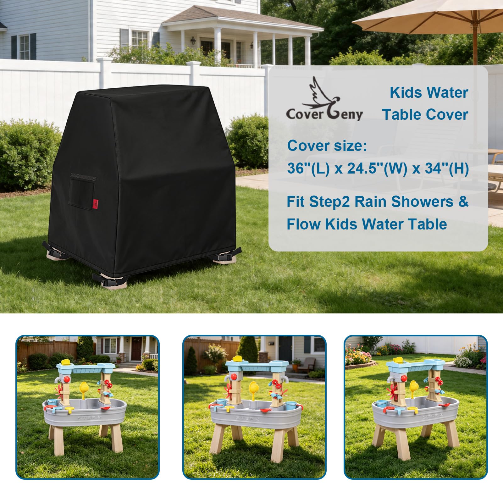 Kids Water Table Cover Fits Step2 Rain Showers & Flow Kids Water Table, Waterproof Dustproof Anti-UV Outdoor Kids Water Toys with Windproof Adjustable