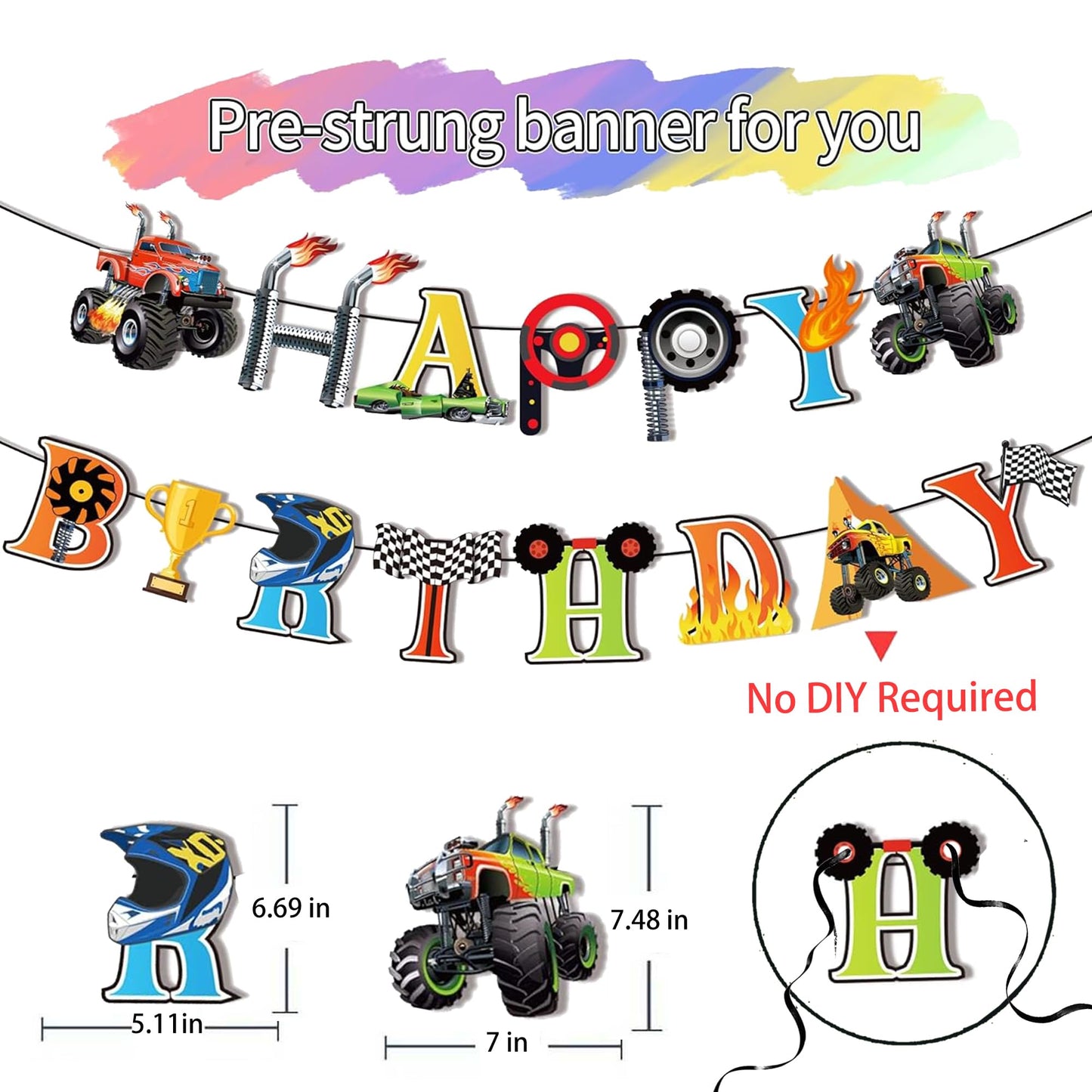 Monster Truck Birthday Banner Monster Truck Birthday Decorations Pre-Strung Monsters Trucks Happy Birthdays Banner Monsters Trucks Banners Cars B-day