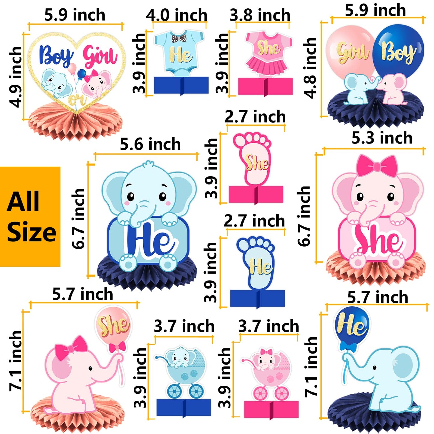 He or She Cute Elephant Honeycomb Centerpieces Animal Theme Decorations Decor for Gender Reveal Party Boy or Girl Party Pregnancy Announcement Baby