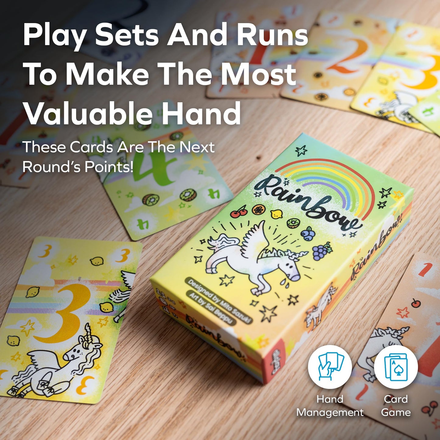 ALLPLAY Rainbow Board Game - Tiny Box Hand Management Card Game for 2-6 Adults and Families - Quick-Playing - Fits in Your Pocket - Points Change in