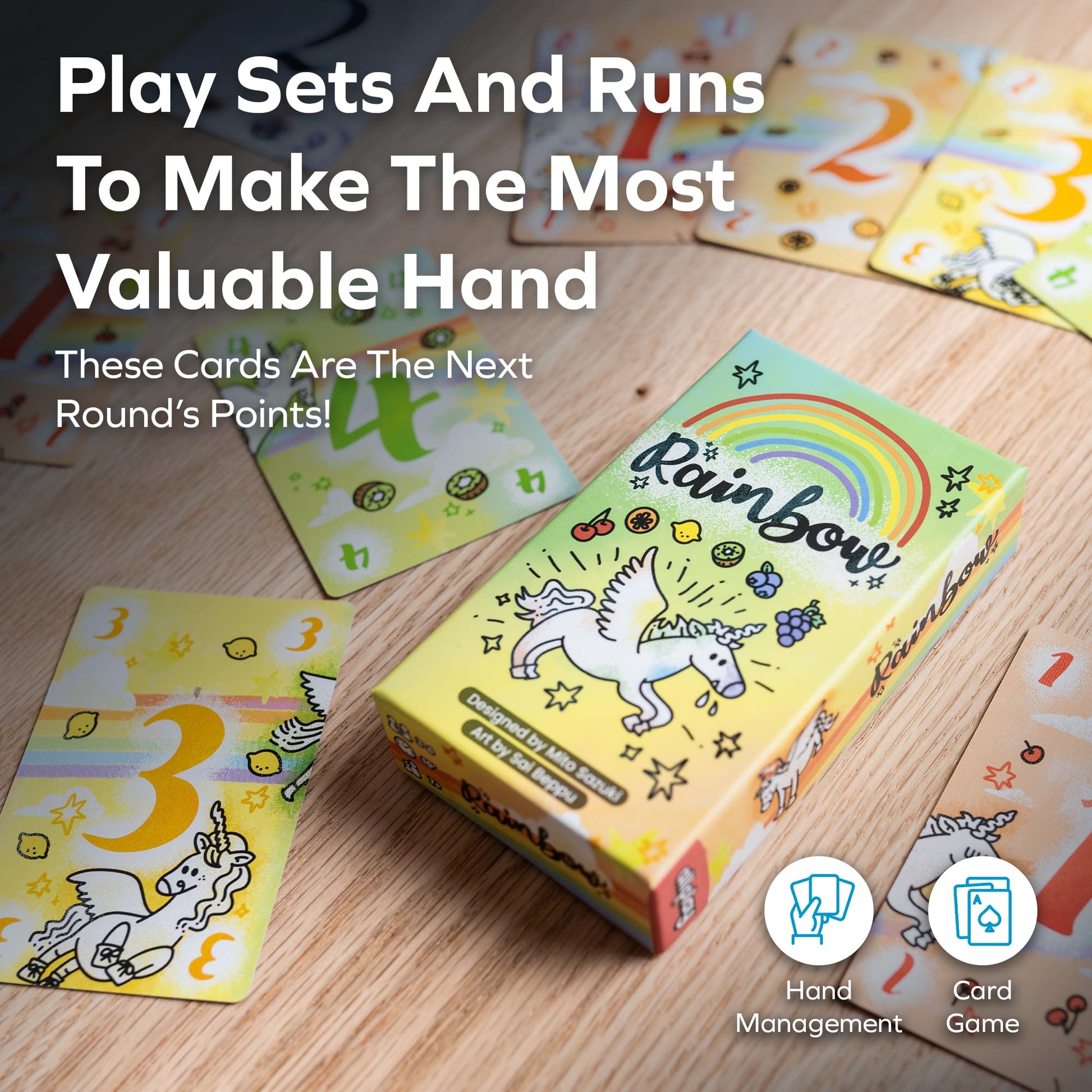ALLPLAY Rainbow Board Game - Tiny Box Hand Management Card Game for 2-6 Adults and Families - Quick-Playing - Fits in Your Pocket - Points Change in