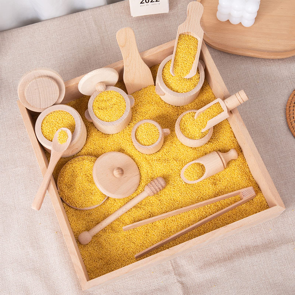 Montessori Sensory Bin Tools Toy with Wooden Box for Toddlers, Pretend Play Dish Toys Wooden Bowls Scoop Tongs Transfer Work Pouring Set, Kids Fine
