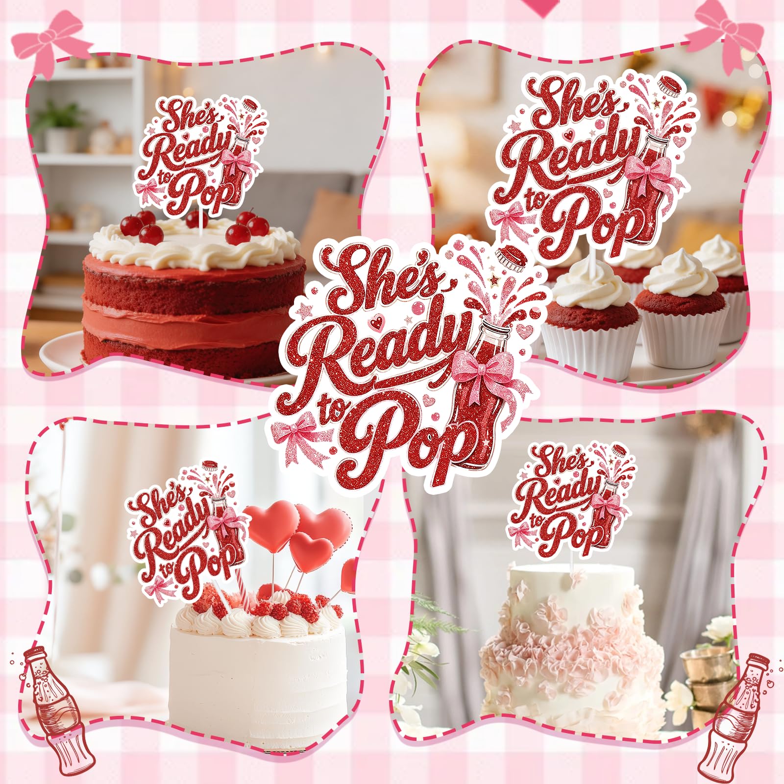 Shes Ready to Pop Cake Topper Red Glitter Soda Baby Shower Cake Decor for Baby Shower Gender Reveal Baby First Birthday Party Decorations