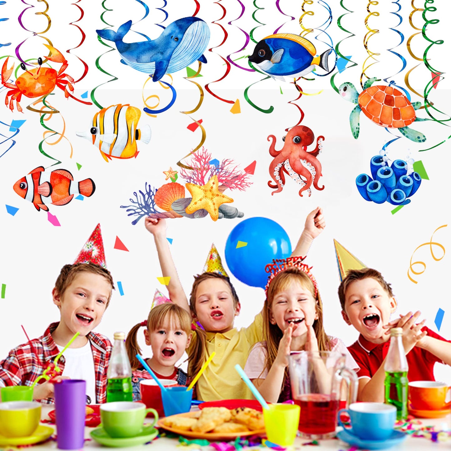 54 Pcs Under The Sea Party Decorations Ceiling Hanging Swirls Ocean Party Decorations Sea Animals Fish Themed Party Supplies Baby Shower Mermaid