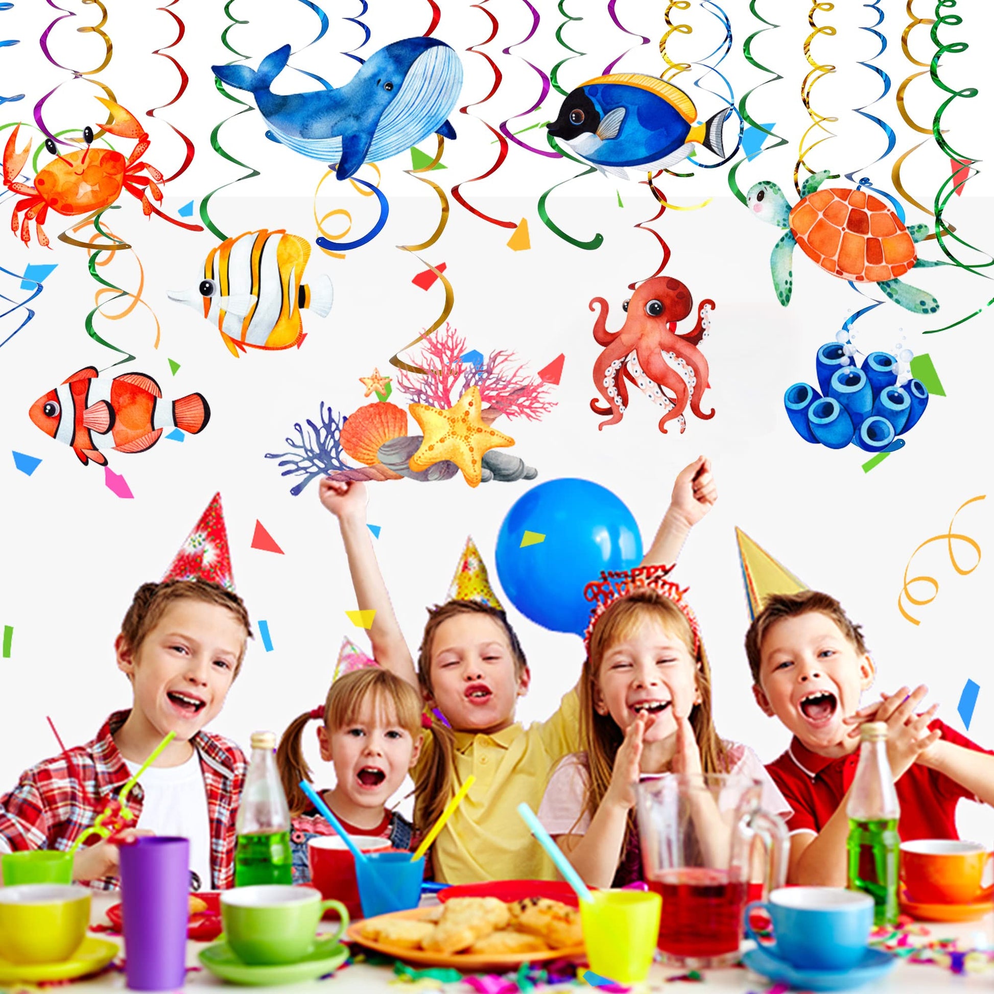 54 Pcs Under The Sea Party Decorations Ceiling Hanging Swirls Ocean Party Decorations Sea Animals Fish Themed Party Supplies Baby Shower Mermaid